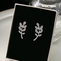 Silver leaf stud earrings with sparkling crystals in a premium black jewelry gift box - Silver Leaf