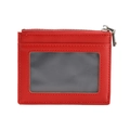 Slim red leather card holder with clear ID window and silver metal zipper closure - Red