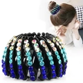 Detail of bird nest hair ring with sparkling gradient blue rhinestones and expandable base - Rhinestone Gradient Blue