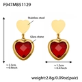 Detailed size specifications for gold heart earrings with red glass stone and stainless steel - Red Faceted Stone Gold Earrings (F947)