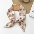 Beige skinny silk scarf with diamond pattern and pink dots for hair or bag decor - Double Argyle Khaki