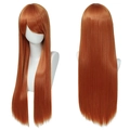 Front and back view of long straight orange cosplay wig with bangs on a mannequin - Orange