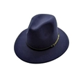 Close-up of navy blue wool fedora hat featuring black leather band and gold chain detail - One Size / Navy Blue