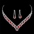 Elegante set di gioielli da sposa in argento con strass e pietre preziose rosse tonde - Rosso-Set da due pezzi