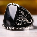 Vintage silver men's ring featuring black agate stone and detailed scorpion carvings - TJZ22022-Square Black Stone Scorpion