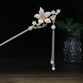 Eleganter chinesischer Haarschmuck mit rosa Emailleblumen und Perlenquasten - Rosa Farbverlauf Blume Künstliche Perle Lange Quaste (0052)