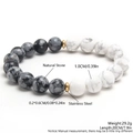 Tiger eye and turquoise natural stone beaded stretch bracelet with golden spacers - Grey + White 10MM