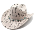 Off-white wool cowboy hat with black bird prints and beaded evil eye band decoration - M (56-58cm) / Flat Top Beige