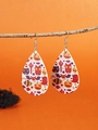 Faux leather teardrop earrings featuring spooky Halloween patterns on a vibrant orange background - WS09-3 (Cartoon Owl Cat)