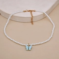 Elegant pearl necklace with light blue butterfly pendant and golden metal closure - SY325【Blue Butterfly】-Blue Butterfly Pendant Pearl Necklace
