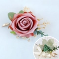 Dusty pink velvet rose boutonniere with golden leaf detail and safety pin back - Corsage / Rose Pink