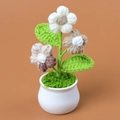 Detalle de flores de ganchillo hechas a mano con pétalos blancos y marrones en maceta blanca - Café Degradado