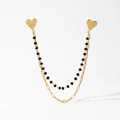 Spilla a doppia catena cuore dorato per colletto camicia con zirconi e perle nere - Stile Quadrato Rosa (HC-C70007)