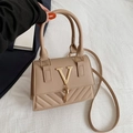 Khaki PU leather small square crossbody bag with V-shaped quilting and tassel detail - Khaki