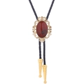 Western bolo tie with golden crown agate pendant and black braided leather cord - 33 (Gold with Dark Red Stone)