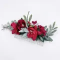 Bohemian bridal hair comb with red roses, lilies and green leaves on silver metal teeth - FS41-3 Red