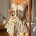 Two-piece satin pajama set with floral print camisole and ruffle shorts in pearl white - S / Gray Cherry