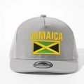 Detail of grey Jamaica trucker cap with yellow embroidery and white breathable mesh back - Gray