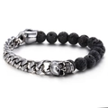 Pulsera de calavera con piedra volcánica, cadena cubana plateada y cuentas negras mate - Color Acero (KB63697-BD)