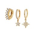 Three-piece gold earring set with star charms and sparkling white cubic zirconia - Gold Star Pendant Combination 3-Piece Set (#62)