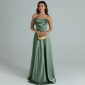 Detail view of the sage green satin evening dress featuring a ruched strapless neckline - S / Green