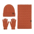 Winter knit set featuring orange beanie, long scarf, and touchscreen gloves in cable knit - Orange 3-Piece Set