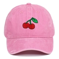 Pink washed cotton baseball cap featuring vintage cherry embroidery on a white background - Adjustable / Pink