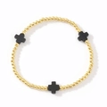 Bracciale elastico con perline dorate e tre croci nere opache in elegante contrasto - Croce Nera Opaca-Perline Oro