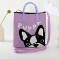 Knitted purple tote bag featuring a black and white French bulldog puppy pattern design - Purple {Frenchie}