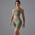 Olive green yoga set featuring a ruched tube top and high-waisted seamless fitness shorts - S / Top And Bottom / Cocoa