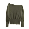 Chic off-shoulder long sleeve knit sweater in olive green with ribbed cuffs and hemline - S / Olive Green
