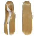 Long straight gold blonde cosplay wig with bangs shown on mannequin front and back views - Gold