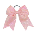 Detail of an 8-inch pink sequin bow hair tie with shiny material and swallowtail ribbon - Coral Pink