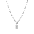 Detail of paperclip chain necklace with a star-embossed rectangle pendant paved in zircon - Silver Star With White Zircon