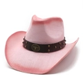 Detail of pink woven straw cowboy hat featuring a leather band with bull head metal buckle - M (56-58cm) / Rose Pink
