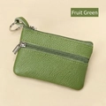 Mini fruit green genuine leather coin purse with double zippers and metal keychain ring - Fruit Green