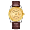 Men's quartz watch with gold diamond dial, fluted bezel and brown leather strap - Brown Strap Two-tone Case Gold Dial Men