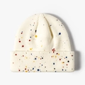 Berretto in maglia bianca con macchie colorate a spruzzo e risvolto caldo spesso - Crema