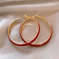 Detailed close-up of red enamel hoop earrings on champagne silk fabric background - E3782 Gold Red (Enamel Hoop Style)