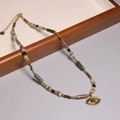 Minimalist 2mm rainbow tourmaline beaded necklace with gold Evil Eye charm pendant - XL0076 Multi Color Beads with Evil Eye