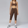 Women's dark brown brushed yoga set with racerback top and high-waisted capri leggings - Chocolate Brown (Bra+Capris)