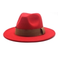 Detailed side view of a red fedora wool hat featuring a brown ribbon and wide brim - M (56-58cm) / Red