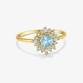 Anello girasole in argento S925 dorato con gemma azzurra e cristalli scintillanti - US 6 / Oro 18K