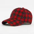 Classic red and black plaid tweed baseball cap for women with textured frayed edges - One Size / Red