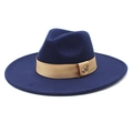 Detail of wool fedora hat with khaki ribbon and exquisite gold bee metal accessory - M (56-58cm) / Navy Blue