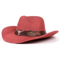 Deep red straw Panama jazz hat with brown leather band and silver bull head buckle detail - M(56-58cm) / Red