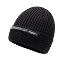 Black ribbed knit winter beanie with grey herringbone stripe and leather patch - Marl Grey