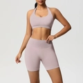 Two-piece mauve seamless knitted yoga set with halter bra and high-waist biker shorts - XS / Porcelain Pink