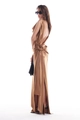 Detail of bronze satin gown featuring a 3D floral waist and high slit design - S / Brown