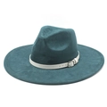 Detailed view of dark green fedora hat with wide brim and white faux leather band detail - M(56-59CM) / Dark Green (Suede)